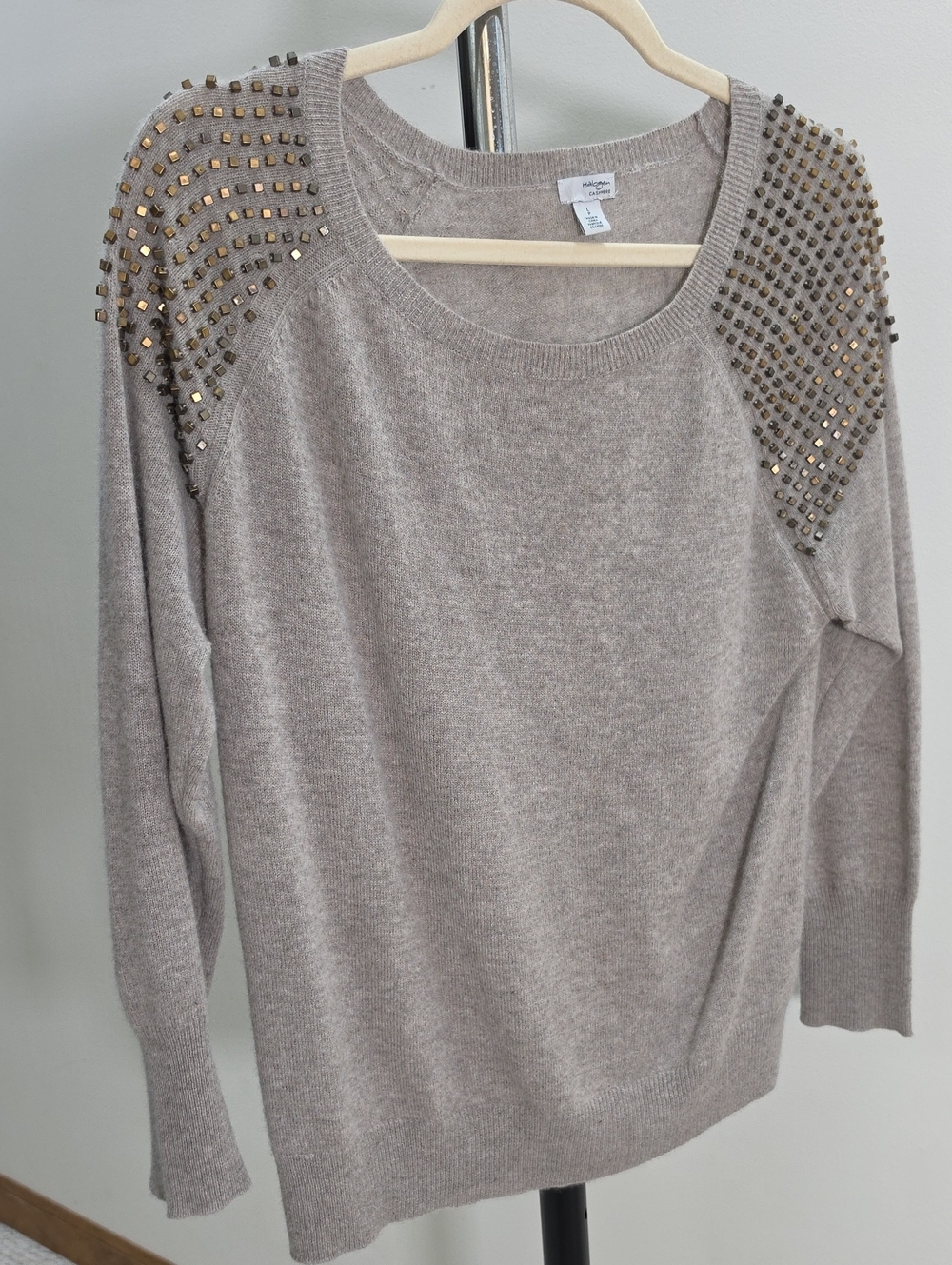 Halogen Taupe Crewneck Sweater with Gold Studded Shoulders